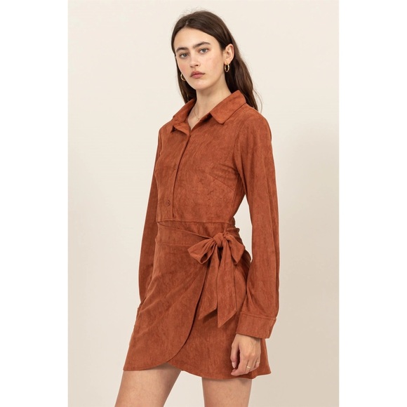 Vegan Rust Suede Wrap Tie Front Mini Dress - Picture 4 of 12